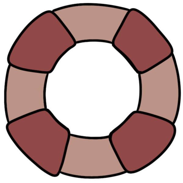 a thick pink circle with four red wedge like stripes resembling a simplified flotation ring.